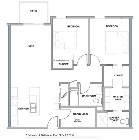 Floor plan for 2 beds, 2 baths, 1024 sqft